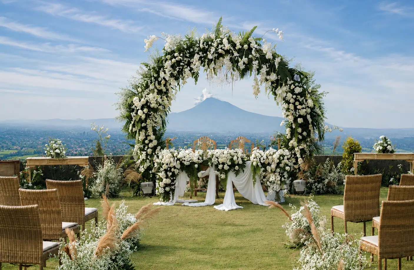 A destination wedding at Amaranta Prambanan with Prambanan Temple and Mount Merapi as backdrop in Yogyakarta