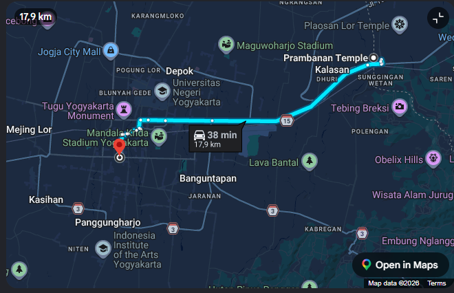 The position of the Prambanan area relative to Yogyakarta city center, location of the Amaranta five-star hotel