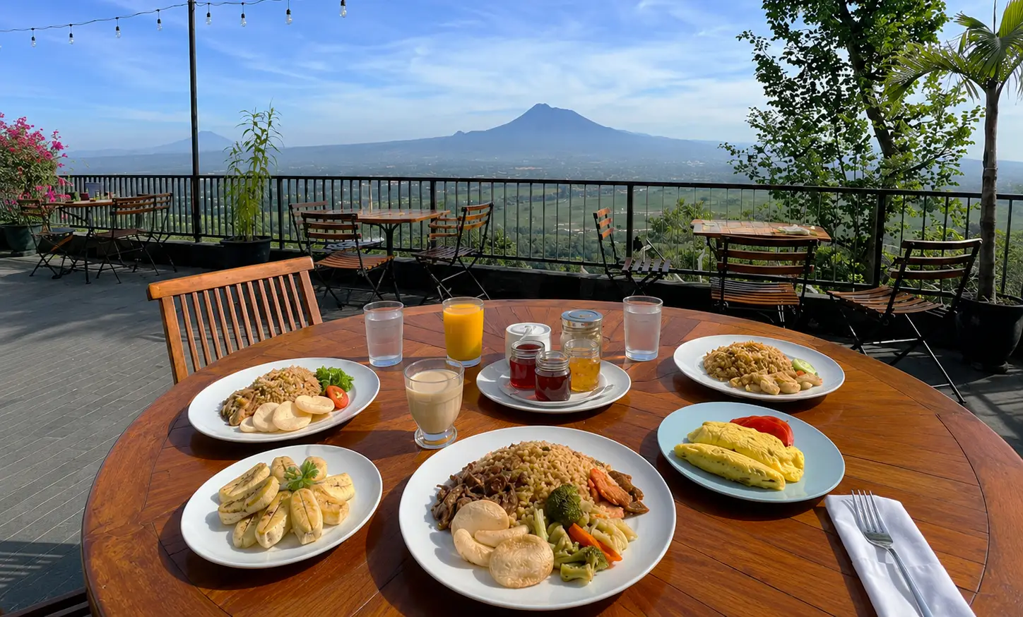 Breakfast with views of Prambanan Temple and Merapi at The Tree's terrace, Amaranta Prambanan Yogyakarta
