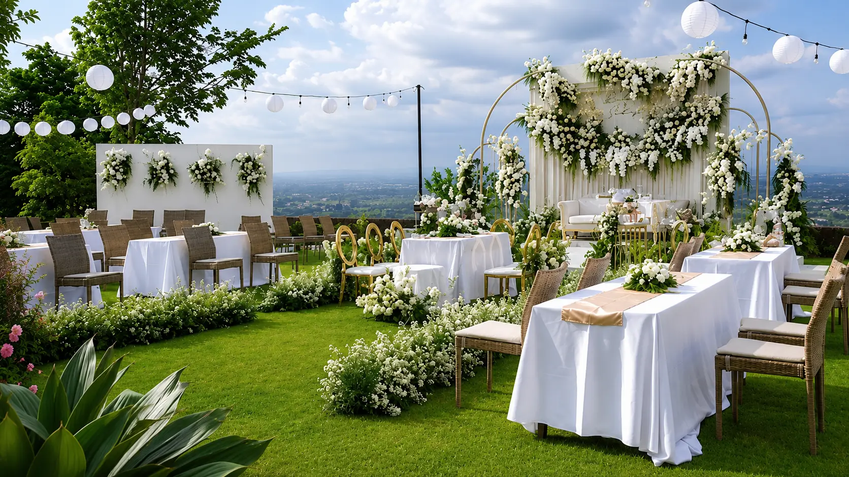 Venue pernikahan outdoor di hotel bintang 5 Amaranta Prambanan dengan latar Candi Prambanan dan Gunung Merapi